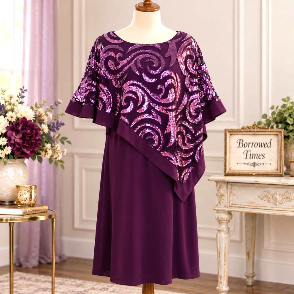 R&M Richards Plum Purple Sequined Poncho Overlay Sheath Dress Size 12